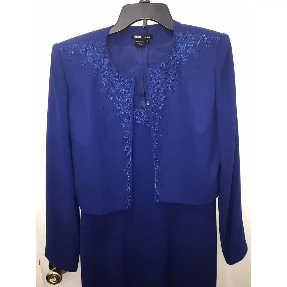 Vintage Rimini By Shaw 2 Piece Long Dress‎ Gown size 10 W/ Jacket Blue Embroided